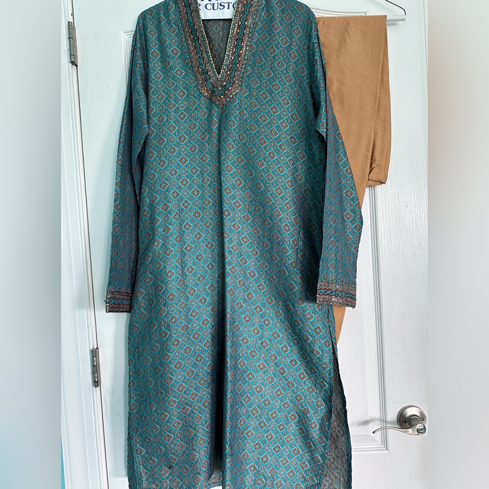Men’s Silk Kurta with Pajama – Turquoise with Antique Gold Embroidery